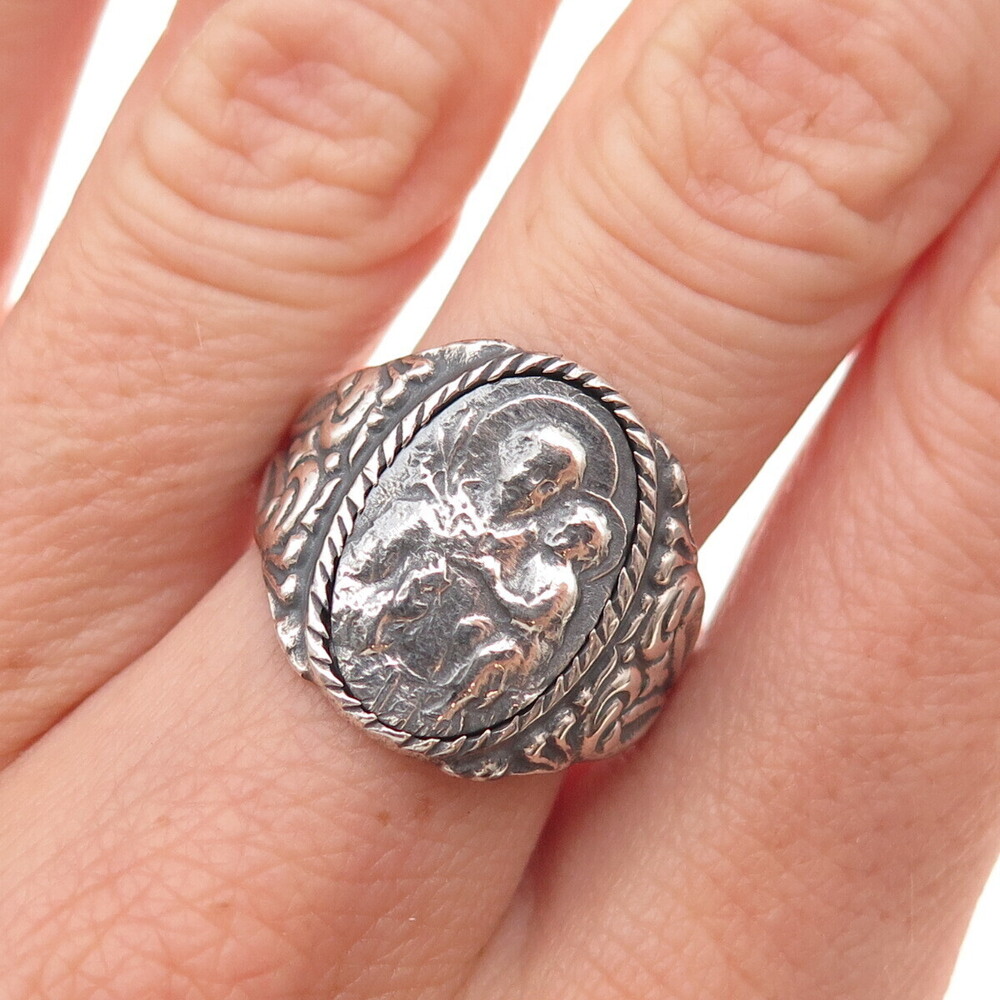 925 Sterling Silver Antique Art Deco St. Anthony Oxidized Ring Size 8.75